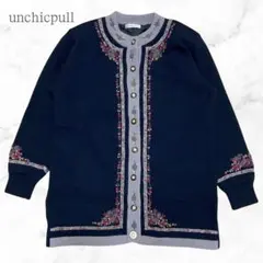 ペ*コ様 花柄刺繍 ニットカーディガン ウール100％ ネイビー レディース M