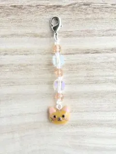 茶トラ猫 ビーズキーホルダー♡オーロラ 猫チャーム