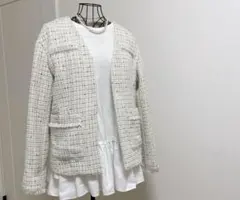 ノーカラーツイードジャケット　ホワイト　白　入学式　フォーマル　ベルメゾン
