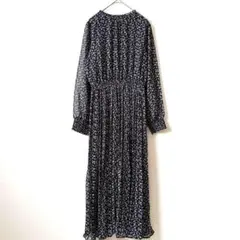 グラシア　ロングワンピース　ネイビー　M 花柄　裏地付き　ウエストゴム　袖透け感