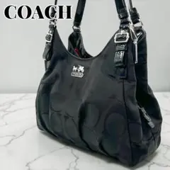 【美品】 コーチ ブラック シグネチャー ショルダーバッグ キャンバス レザー