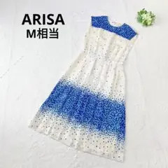アリサ ドット柄プリーツワンピース ノースリーブ レトロ 白×ブルー系 M相当