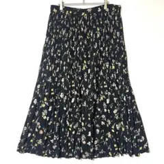 ハーモニカ 花柄プリーツスカート ロング丈 ブラック M〜L 相当 裏地付 Y
