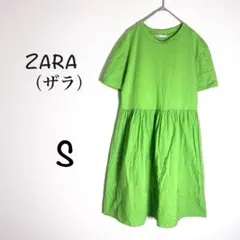 ザラ Tシャツ ワンピース S 緑 ギャザー 切り替え ひざ丈 半袖 春夏