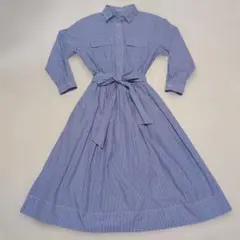 オペークドットクリップ　ストライプシャツワンピース 　ウエストリボン Sサイズ