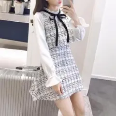 【ワンピース】フリルリボンネックファンシーツイードワンピース　ホワイト