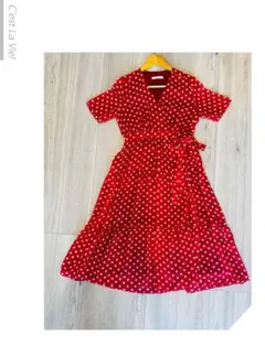 ドット柄 カシュクール ワンピース レッド リボン付きのサムネイル
