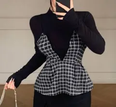 重ね着風カットソー　トップス　ペプラムカットソー ブラック