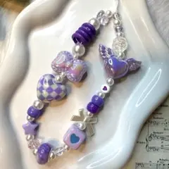 ビーズキーホルダー　ビーズストラップ　携帯ストラップ　紫　ハート