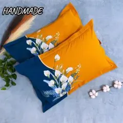 ハンドメイド 枕カバー 2枚セット ファスナー式 ピローケース オレンジ 百合柄