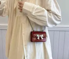 SHEIN リボン チェーン ミニショルダーバッグ 赤