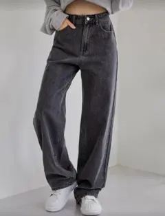 グレー ストレートデニムパンツ SHEIN