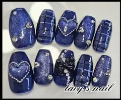 ネイビーマグネット　ぷっくりハート　ガーリーチェックジェルネイルチップ