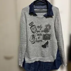 ビーズ装飾付きグレー長袖ニット