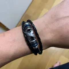 メンズブレスレット ブラック 三連 レザー