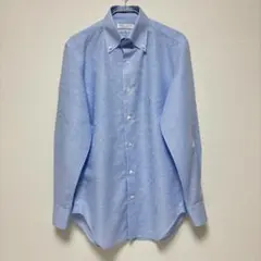 ユニバーサルランゲージ コットンリネン ストライプシャツ 青 ボタンダウン