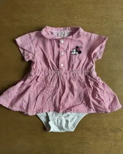 プティマイン　ミニー刺繍 赤白ストライプ 半袖ロンパース 80センチ