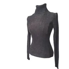 SILVER ダークグレー タートルネック リブ ニット セーター ウール混