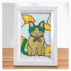 「猫と銀杏」 原画 イラスト ハンドメイド Rose作