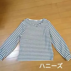 ハニーズ ボーダー 長袖カットソー M リブ◆白✕黒 ホワイトブラック Vネック