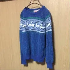 ヴィンテージ古着 鹿柄プルオーバーニット 青×緑 M 韓国製 レトロ 個性的