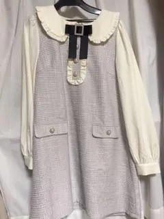 最終値下げAnkRougeツイードワンピース フリル襟 ホワイトグレー