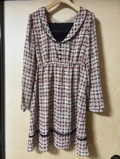 Feroux★レディースチェック柄 長袖ワンピース フレアシルエット★ベージュM