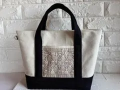 インド刺繍リボン×11号帆布　切り替えトートバッグ
