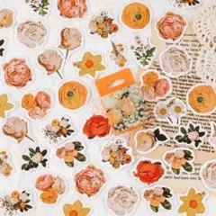 【222】シール 45枚 ステッカー 橙色の花 ブーケ オレンジ コラージュ素材
