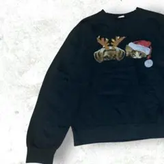 【希少】海外スウェット クリスマス アニマル柄 ブラック 裏起毛 一点物 猫 犬