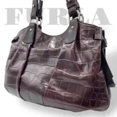 美品　フルラ　トートバッグ　クロコ型押し　オールレザー　赤茶　ブラウン
