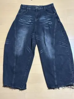 ダメージ加工 ダークブルー ワイドデニムパンツ　バルーンデニム