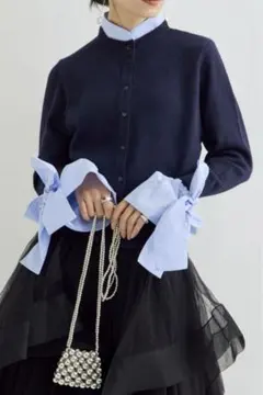 Bibiy. ANGELIQUE KNIT ネイビー リボン付きカーディガン - メルカリ