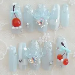 現品❤ワンホン ブルー 水色 ぷっくり さくらんぼ フレンチガーリーネイルチップ