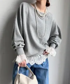 即日発送 レイヤードアイテム DOUDOU レースフレアブラウス オフホワイト