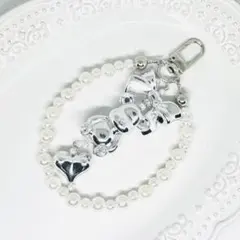 ハンドメイド キーホルダー ベアビーズ 推し活 白×シルバー