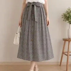 FUN チェック柄 ロングフレアスカート ウエストリボン付きのサムネイル