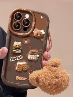 iPhone14 スマホケース ブラウン くま ストラップ付き