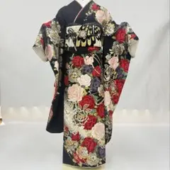 美品 深緑 牡丹 花刺繍 銀通し 金彩 パール加工 フルセット 振袖 