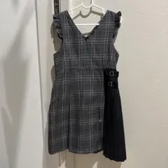 メゾピアノ　ジャンバースカート グレー系チェック フリル袖