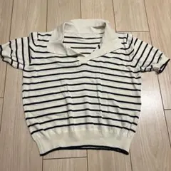 アイボリーとネイビーのストライプ 半袖ポロシャツ