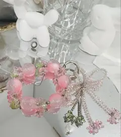 【ハンドメイド】 ビーズストラップ　ピンク系