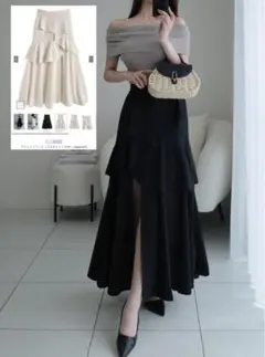 GRL アシンメトリーラッフルスリットスカート[ask137] ブラックSサイズ