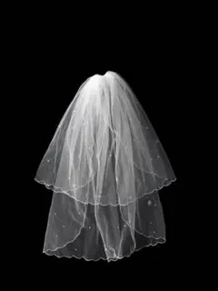 結婚式★フリルパールウエディングベール コーム付きホワイト★白シンプルミドル 丈