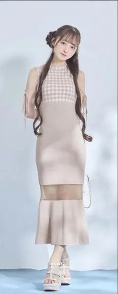 Michell Macaron ギンガムチェックロングニットワンピース