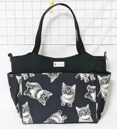 猫柄 ・キュート 子猫柄・黒色帆布のサイドポケット付きトートバッグW