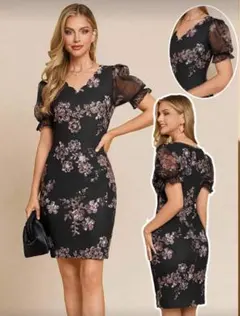 新品未使用 キャバドレス ナイトドレス 花柄 Vネック タイトドレス