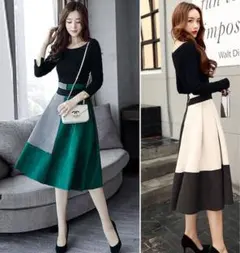 レディース　ミモレ丈　バイカラーフレアスカート