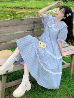 チェック柄フリルロングワンピース✿春夏ガーリーお出かけビッグカラー