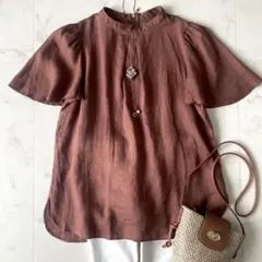 美品☆シップス 麻 リネンハイネックブラウス 後ジップ フレアスリーブ 